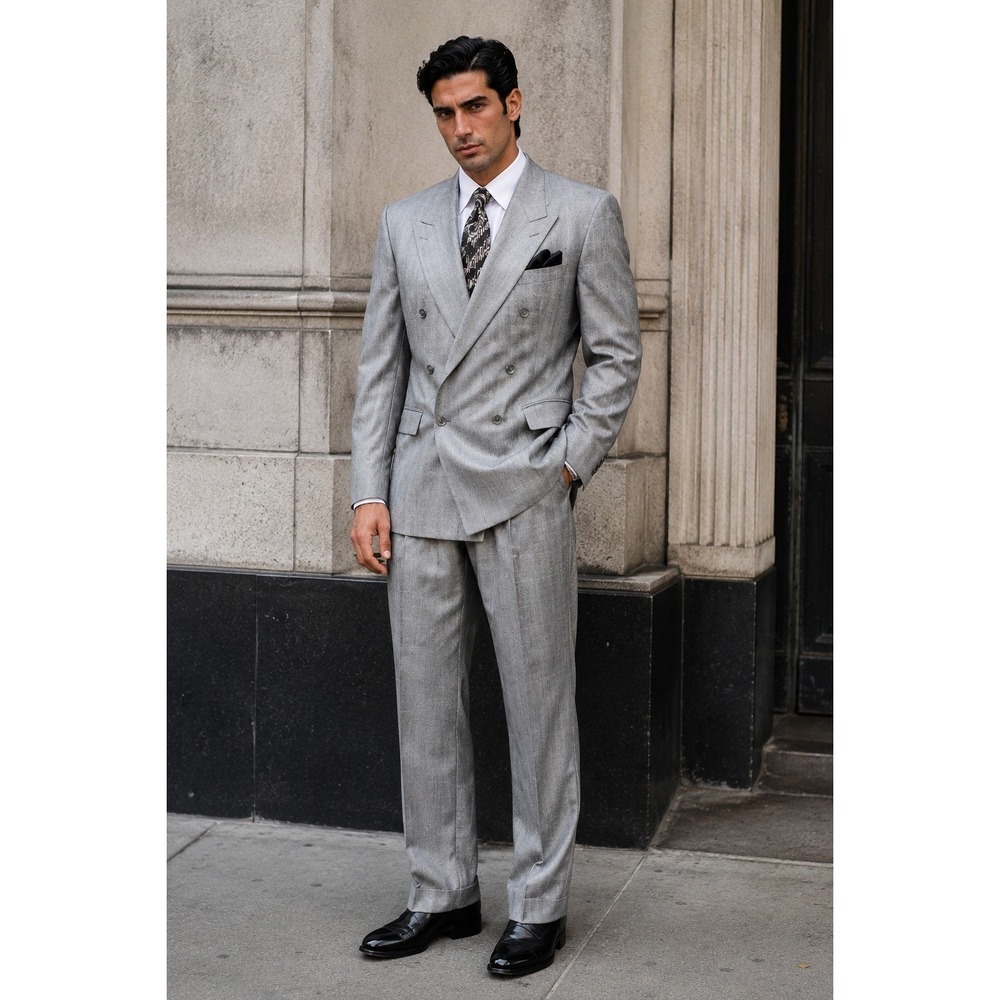 Gino‎ Cappeli Suit Men's 44R Gray 2 Pc 35x27 Metallic 90s Mafia Mob Boss Plaid